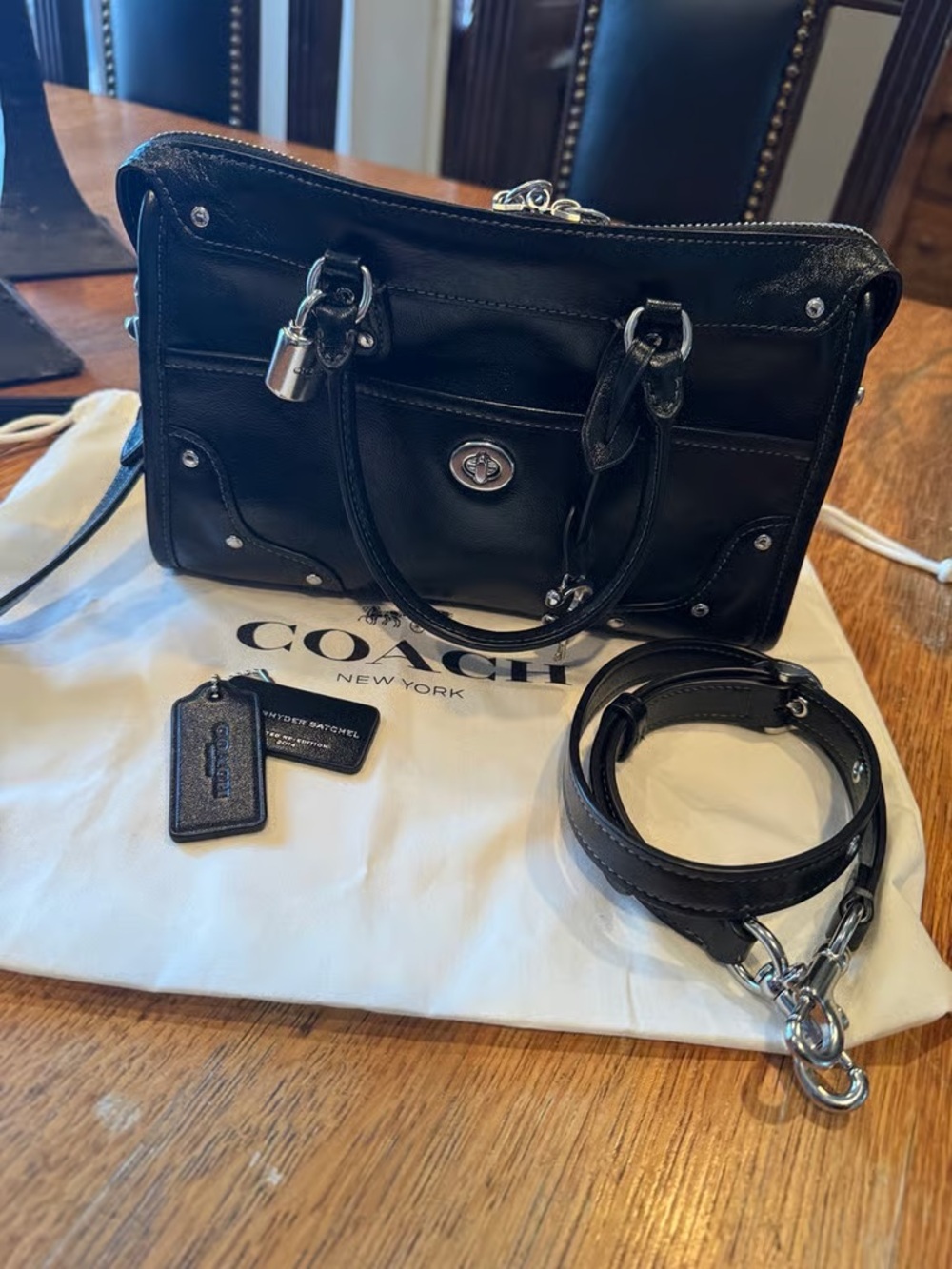 COACH Black Leather Satchel with Silver Hardware and Removable Strap